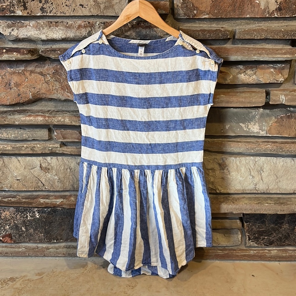 Tea Collection Linen Blend Blue and White Striped Dolman Sleeve Dress